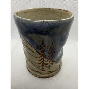 Vintage Studio Pottery 4" Brush Cup / Tumbler RH Signed Blue Beige Mountain Tree